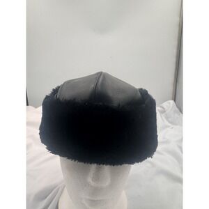 Black Fax Soft Black Leather Trapper Hat Lined Fax Fur Trim Vintages Shri Lanka